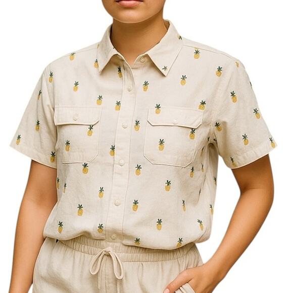 Rae Dunn Pineapple Linen Button Down Shirt NWT Size Large - Picture 1 of 13